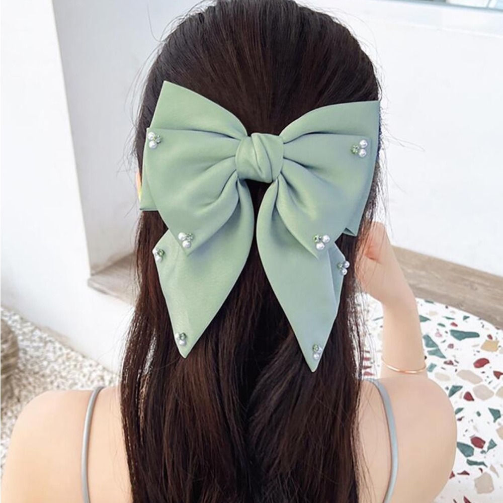 Teal Fabric Bow Pearl and Gem Detail Hair Clip